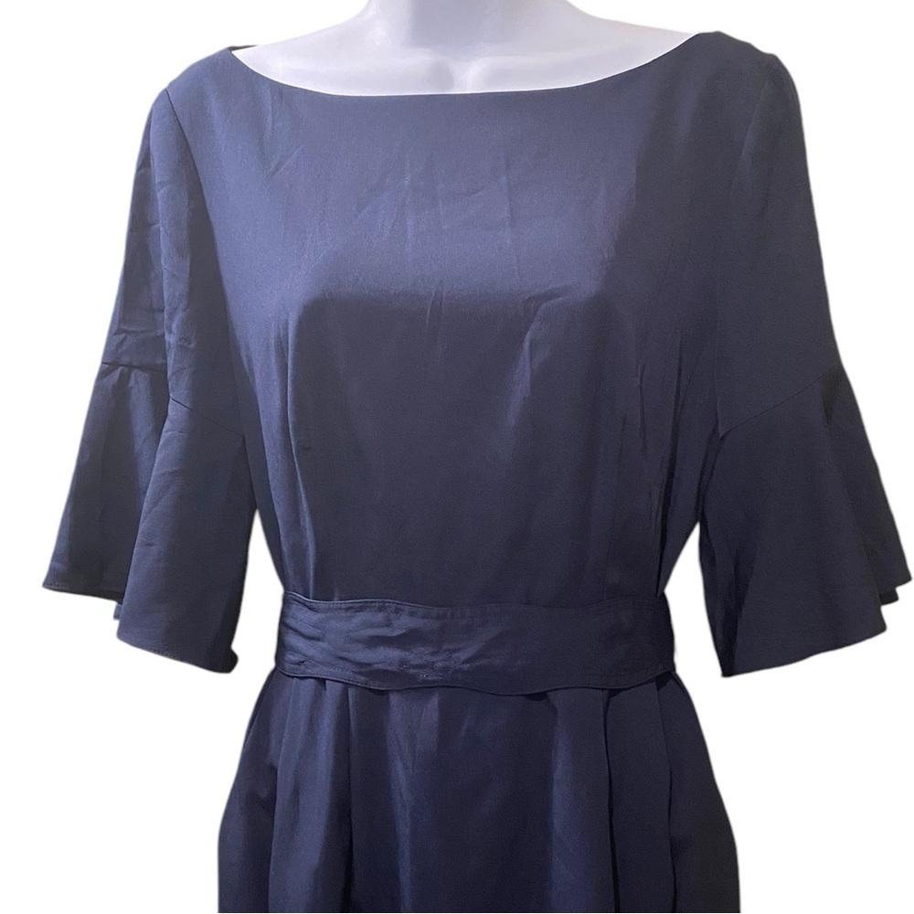 Eliza J Silky Navy Blue Dress Bell Sleeve Sheath Belted Pockets Preppy Office - Picture 8 of 16
